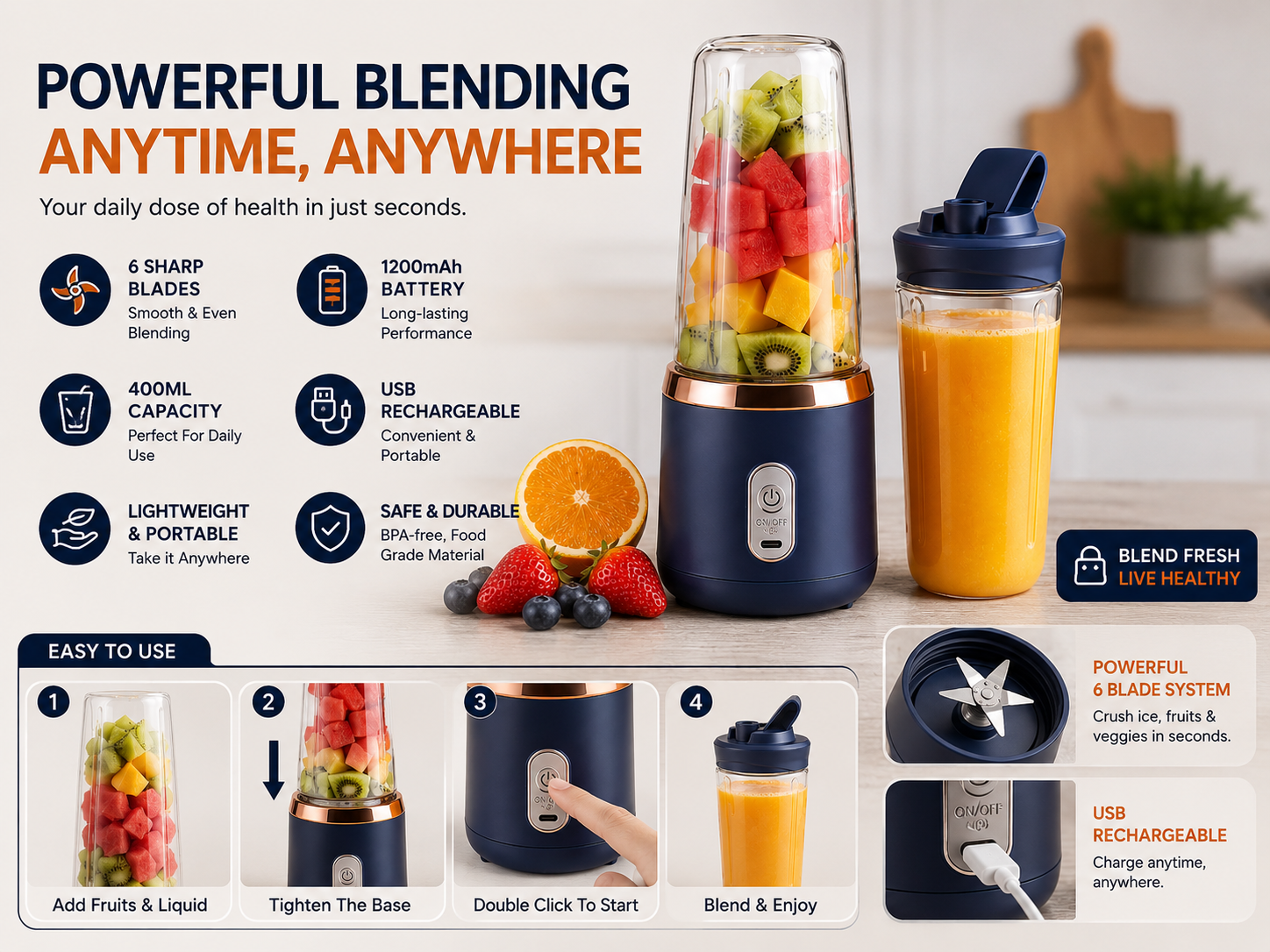 BlendGo Portable USB Rechargeable Blender | 400ml Smoothie Maker