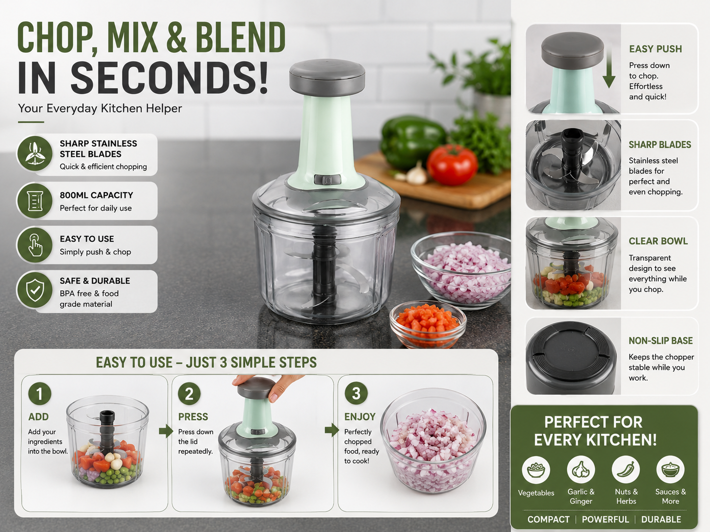 ProPush Manual Food Chopper | 800ml Vegetable & Fruit Cutter