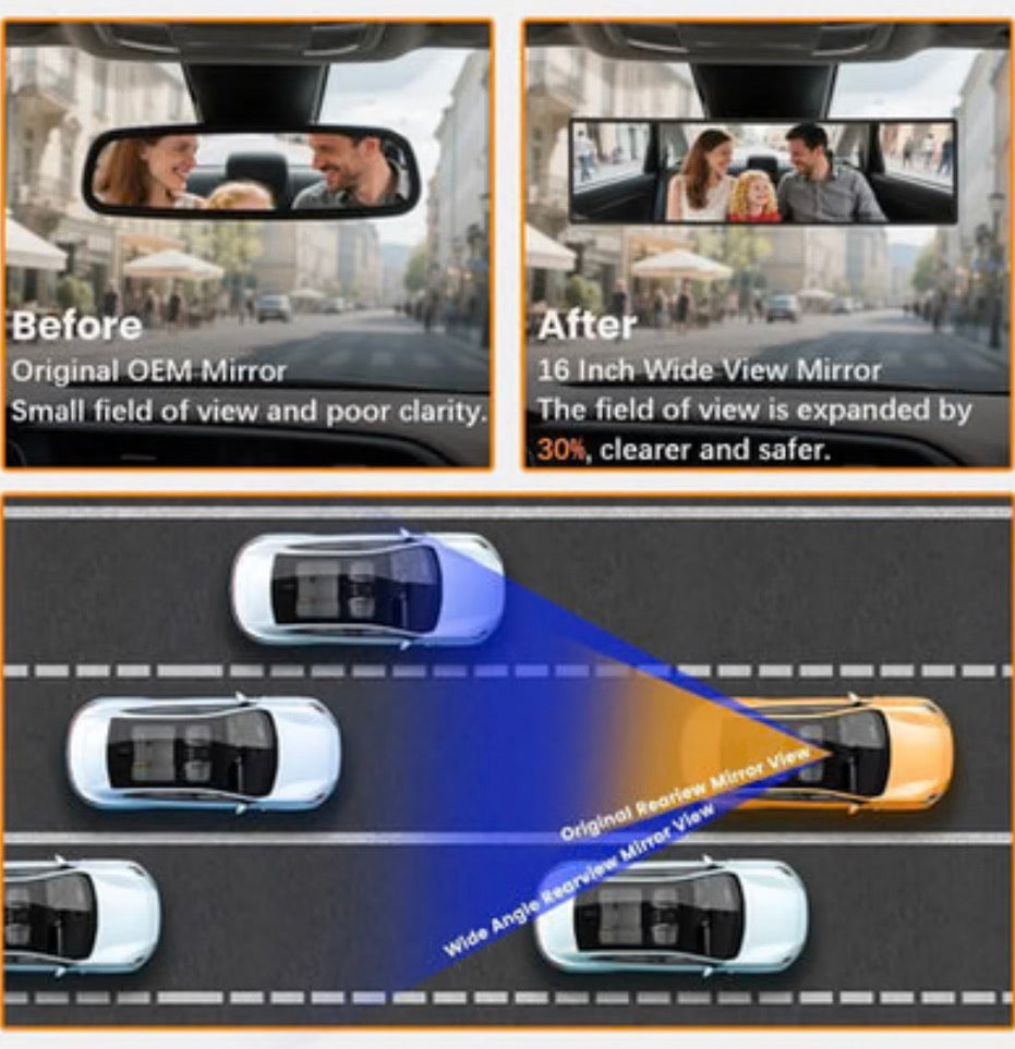 ClearView 11.4” Panoramic Rear View Mirror | Universal Clip-On HD Wide Angle Mirror